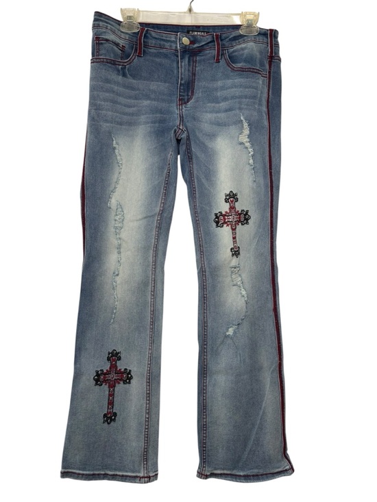Flamingals Embroidered Red Crosses Distressed Blue Women's L 32x30 Flare Jeans - Picture 2 of 7
